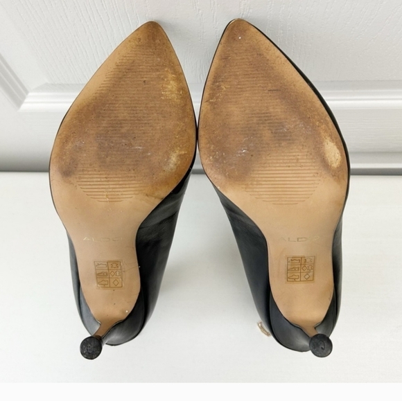 🍁 Aldo Black Leather Pumps Pointy Toe Stiletto High Heels Gold Zippers Size 7.5 - Picture 9 of 10